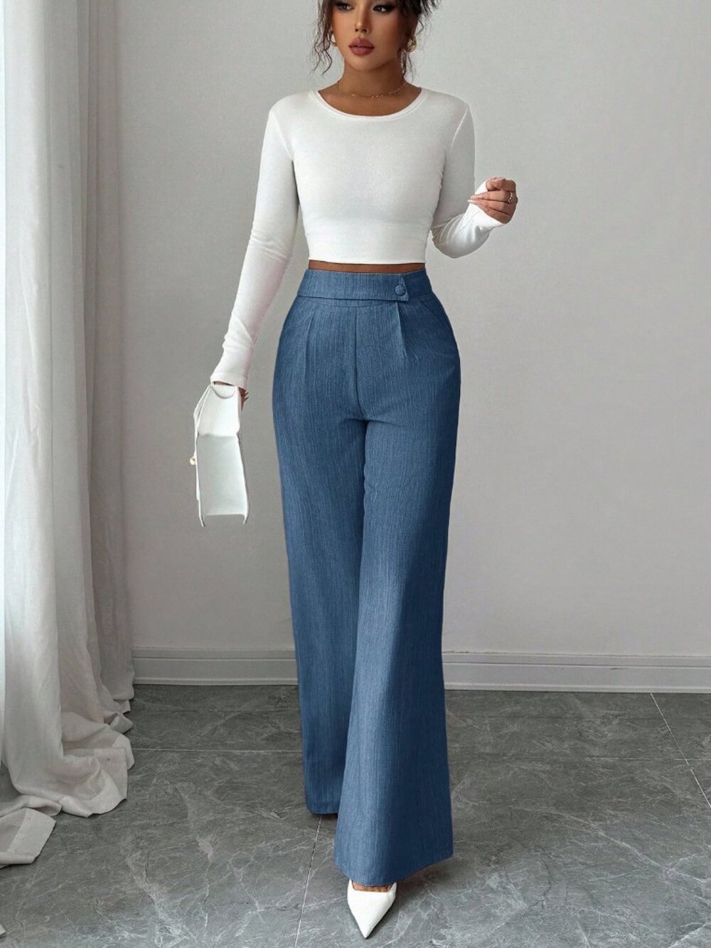 blue Casual Women's Work Office Loose Flowy Straight Leg Pants - Picture 5 of 7